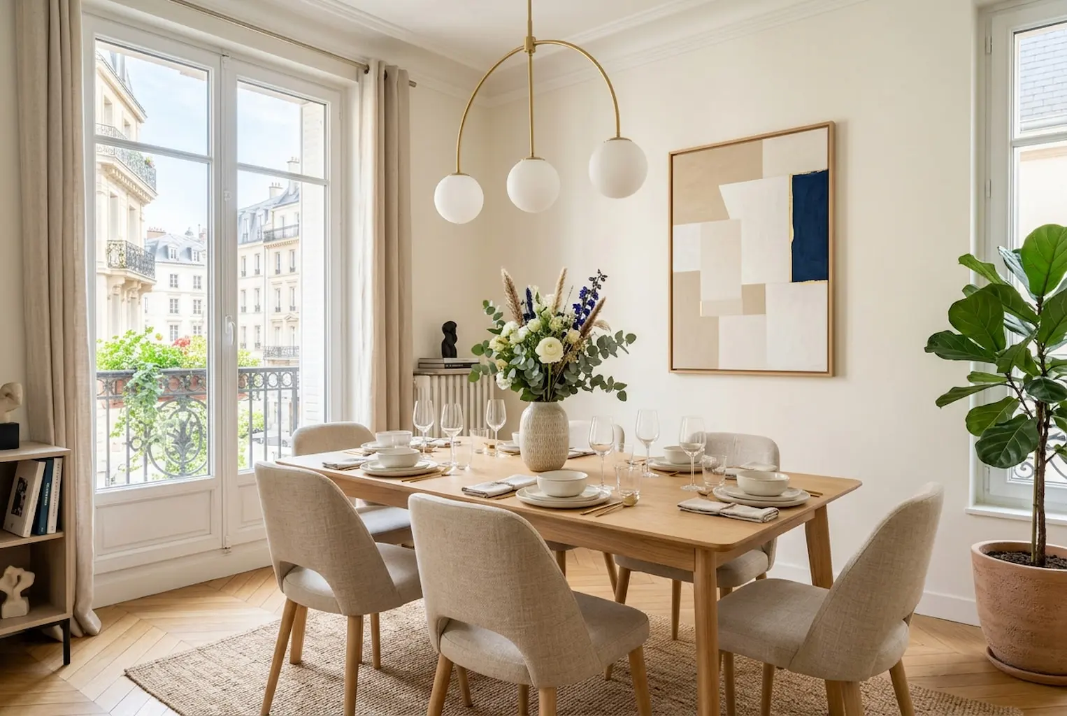 Salle à manger lumineuse d'un appartement meublé loué en bail mobilité en Alsace