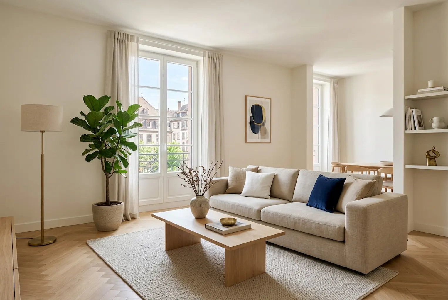 Salon lumineux d'un appartement meublé à Strasbourg, vue sur les toits, loué en bail mobilité